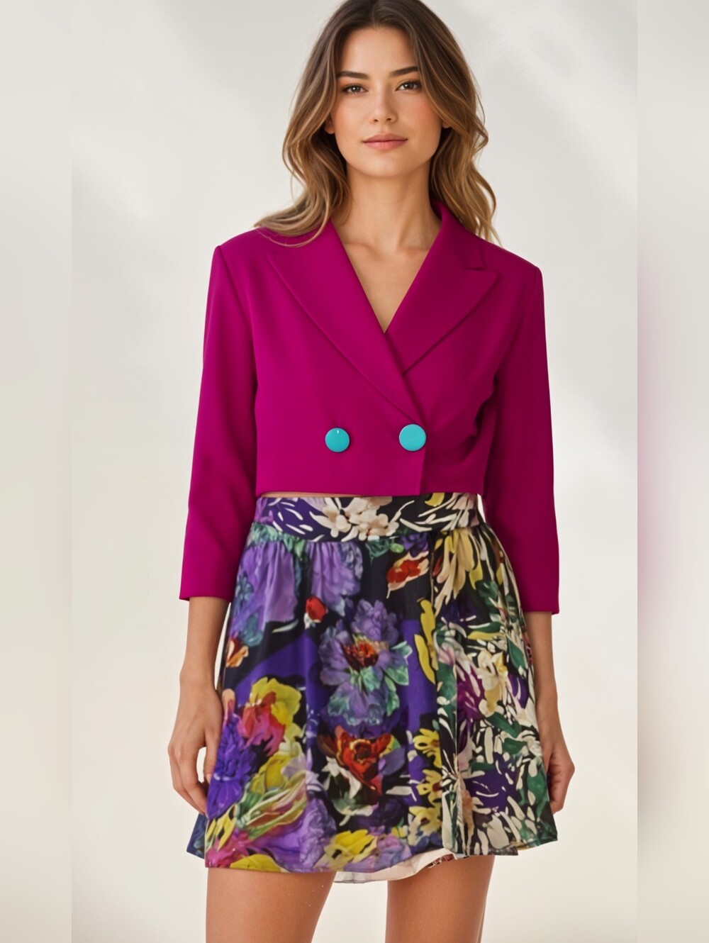 NWT ZARA Cropped Magenta Blazer with Turquoise Buttons